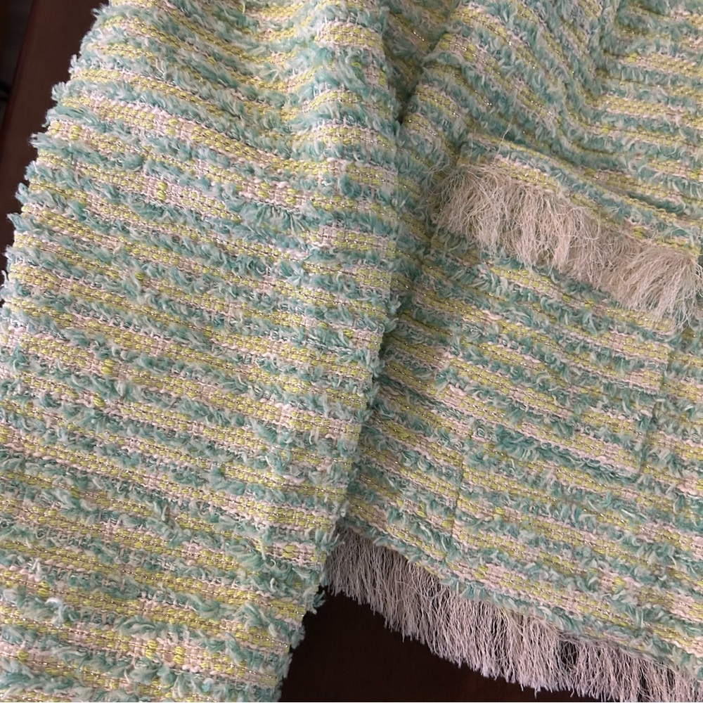 L'AGENCE Angelina Fray Tweed Jacket Open Front Blazer in Light Green Size 14 - Picture 7 of 16